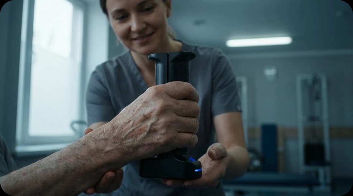Profissional avaliando força de preensão palmar